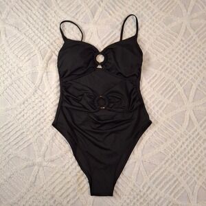 H&M Womens Size Medium Black Cutout Ring Detail One Piece Swimsuit Ruched